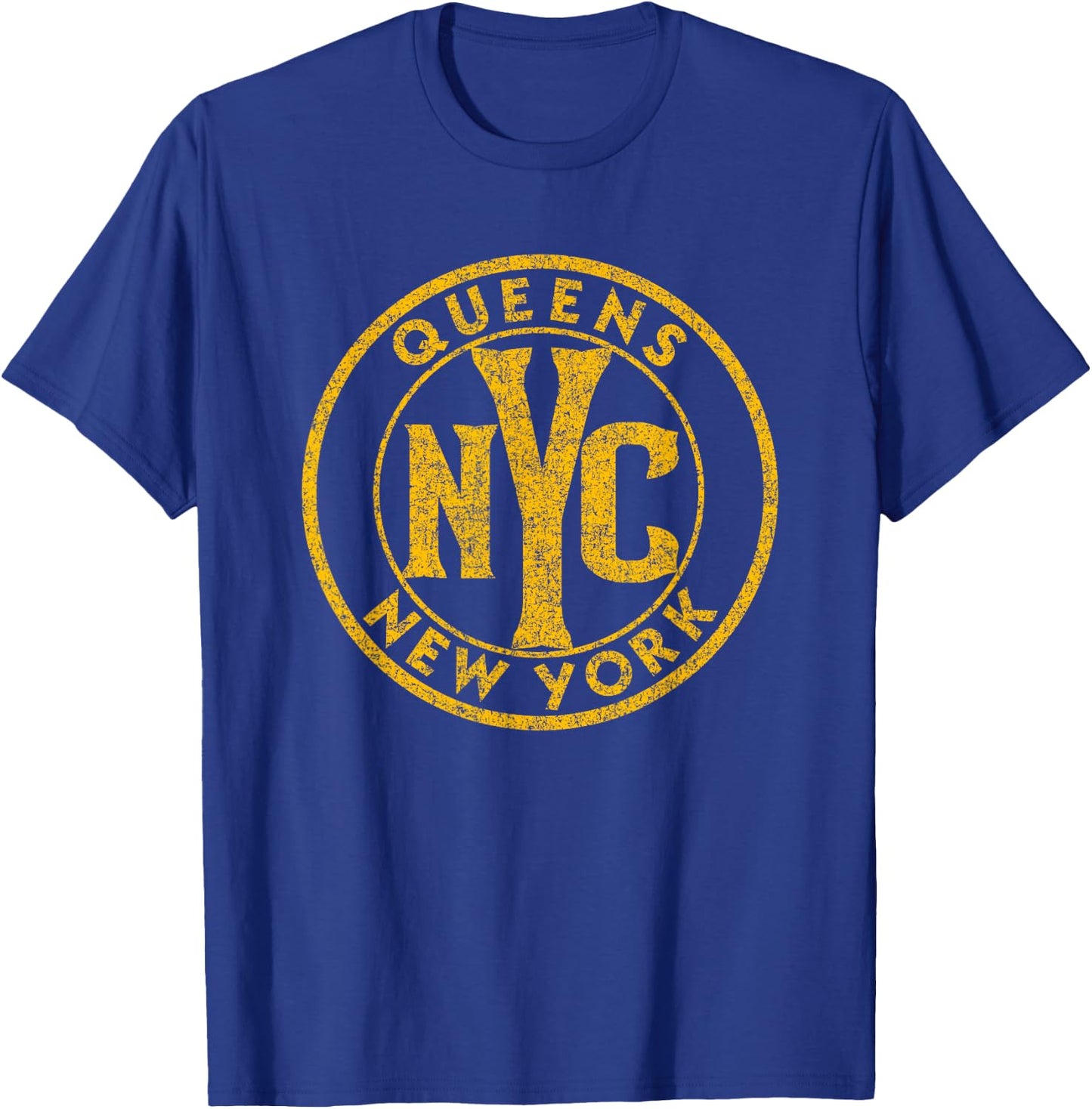 Queens New York NYC Circle Sign Distressed Amber Print T-Shirt - T-Shirt | Royal