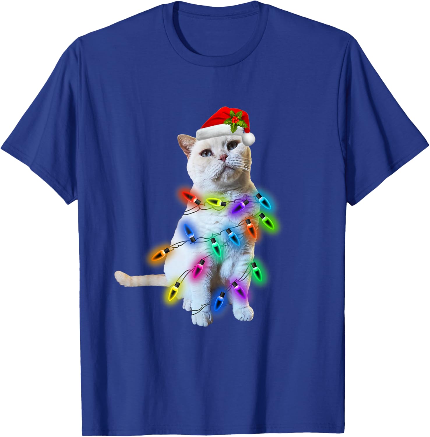 White Cat Christmas light funny cat lover Christmas T-Shirt - T-Shirt | Royal