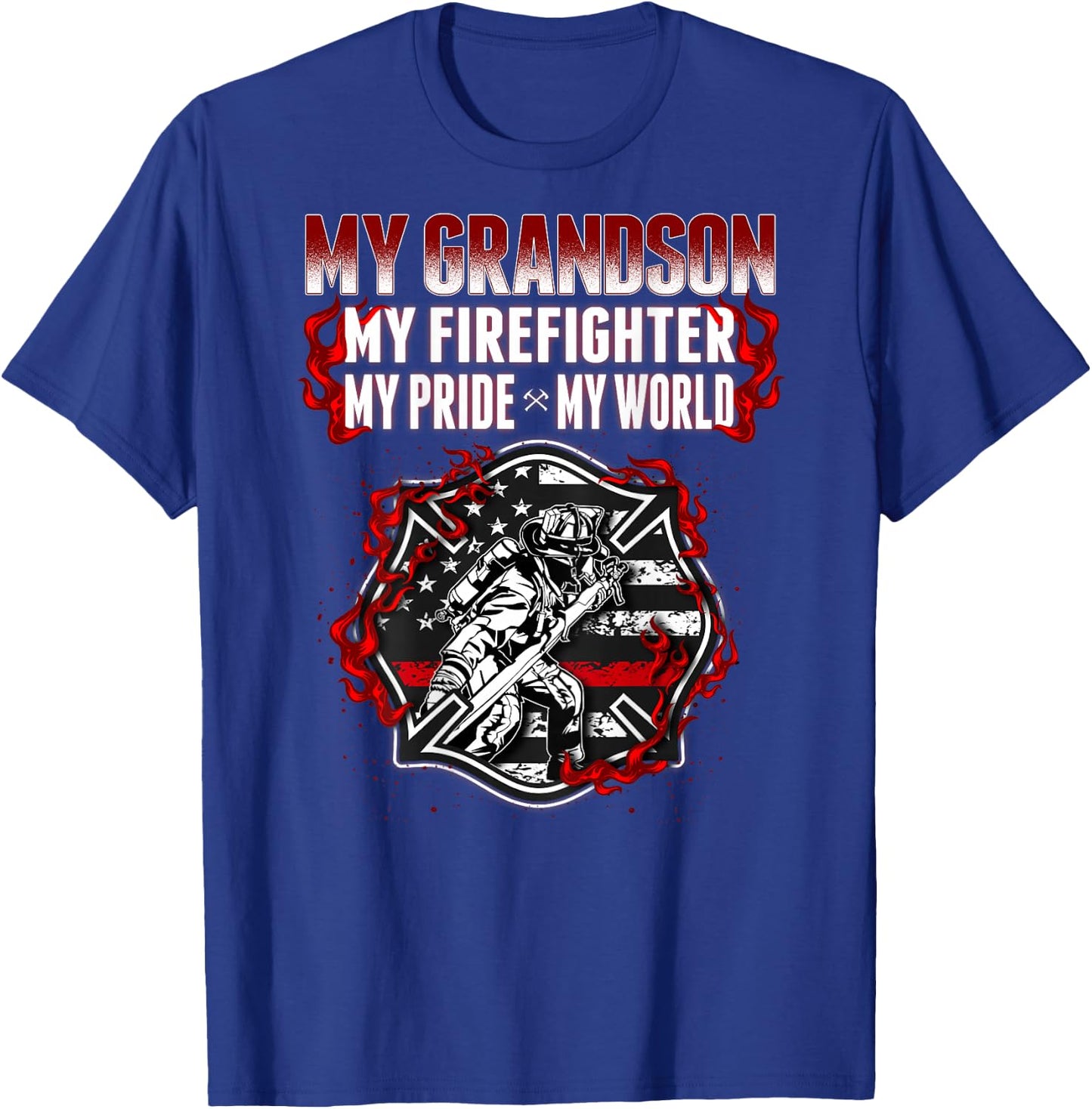 My Grandson Is Firefighter Hero Proud Fire Grandma Grandpa T-Shirt - T-Shirt | Royal