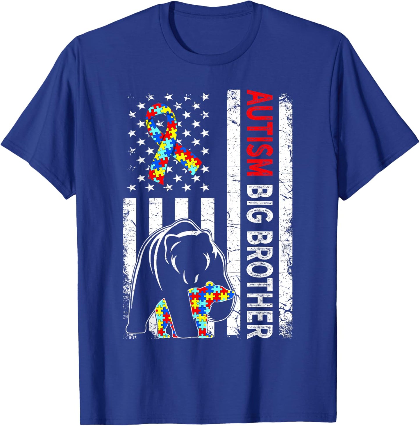 Distressed American Flag Autism Big Brother Bear Awareness Kids Men T-Shirt - T-Shirt | Royal