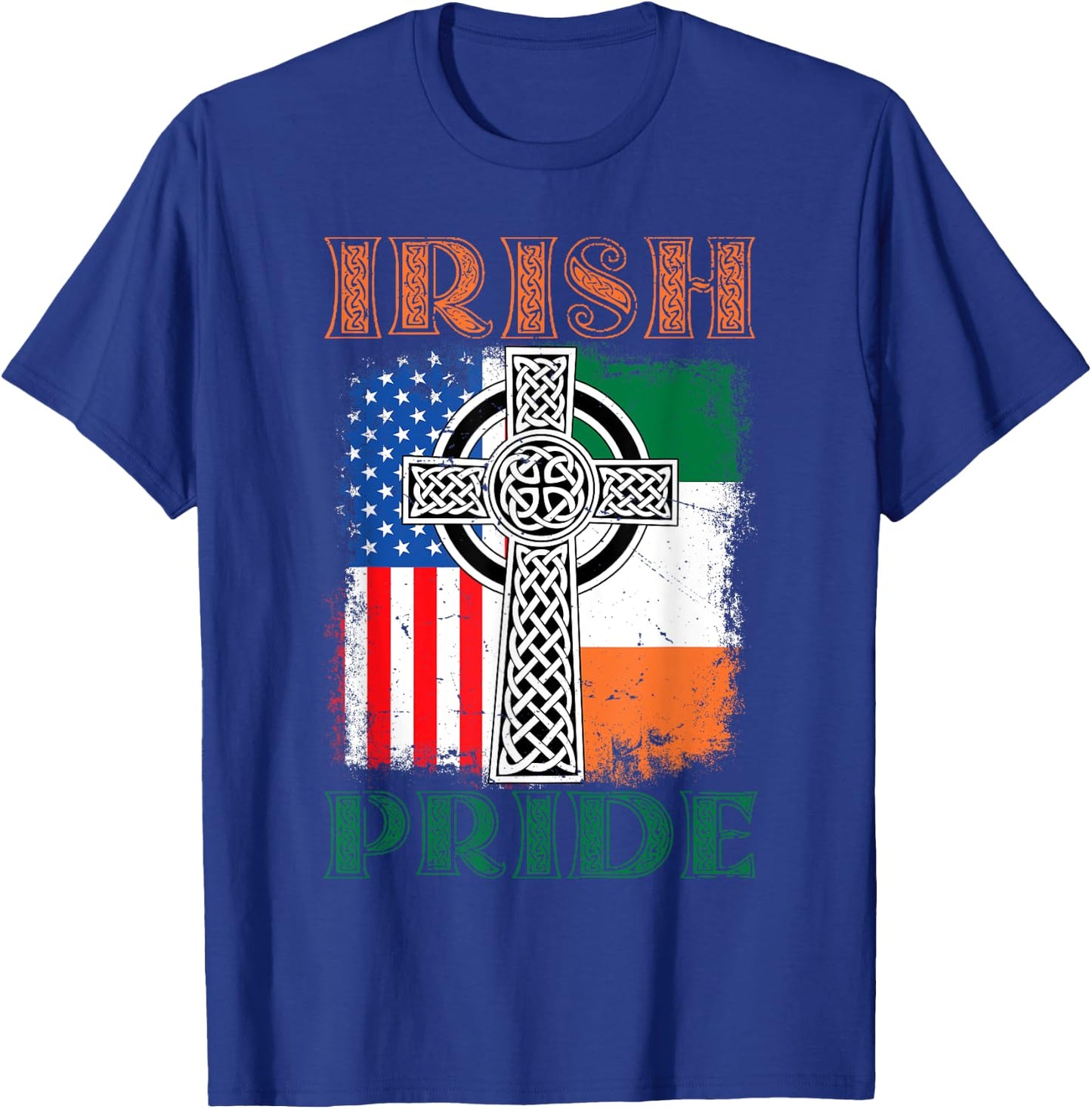Irish Pride Celtic Cross Ireland & USA Flag St Patricks Day T-Shirt - T-Shirt | Royal