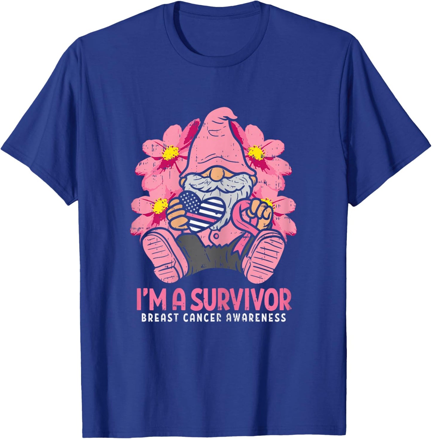 Breast Cancer Survivor Pink Ribbon Gnome US Flag Heart Gift T-Shirt - T-Shirt | Royal
