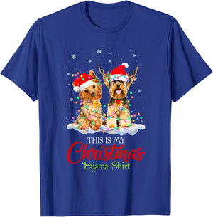 This Is My Christmas Pajama Shirt Yorkie Santa Hat Lights T-Shirt - T-Shirt | Royal