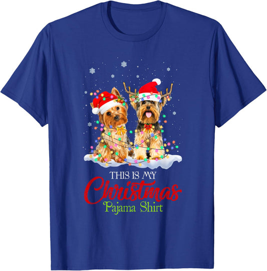 This Is My Christmas Pajama Shirt Yorkie Santa Hat Lights T-Shirt - T-Shirt | Royal