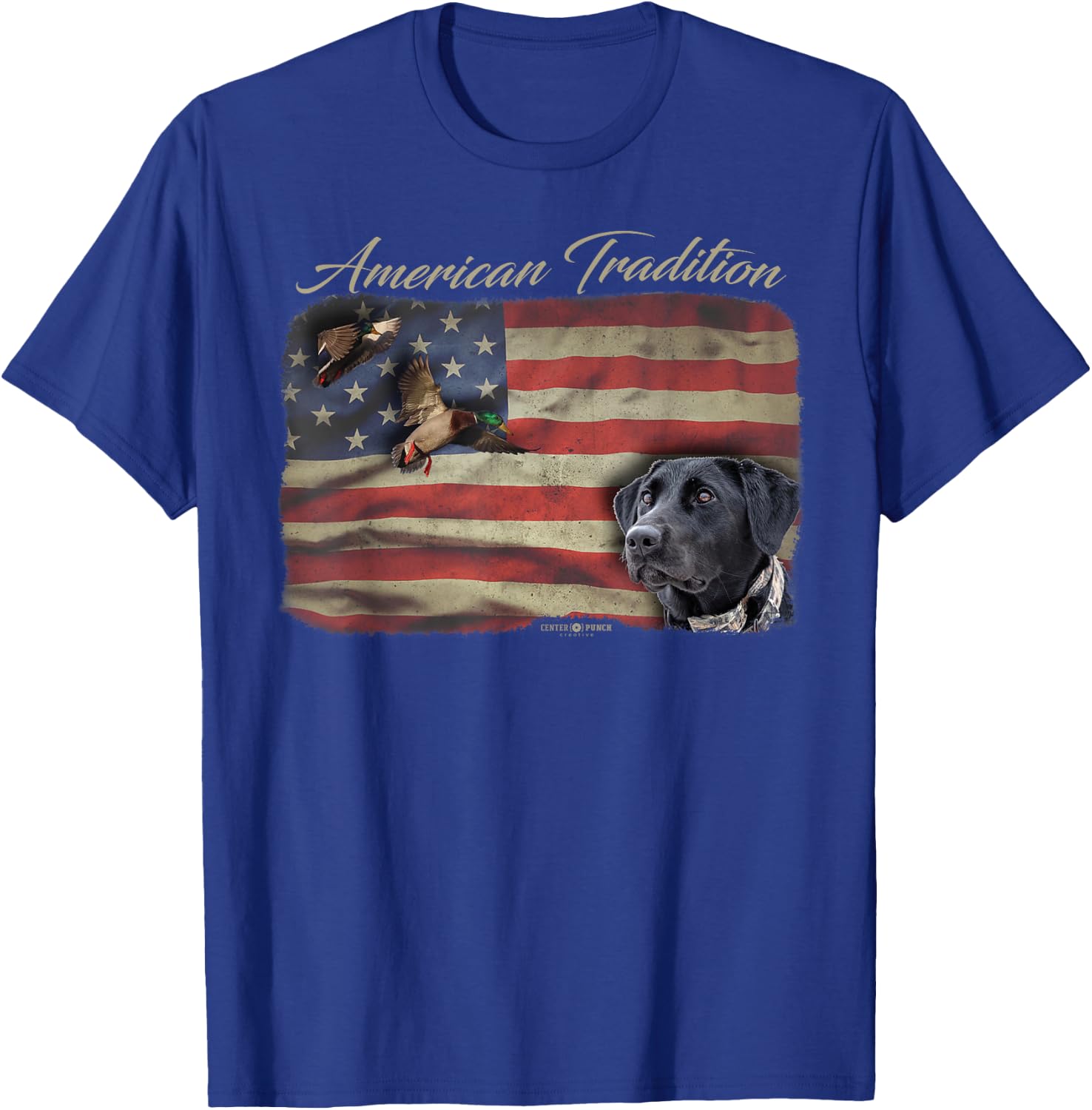 American Tradition Waterfowl Duck Hunting Dog Black Lab Flag Men Women Kids T-Shirt - T-Shirt | Royal