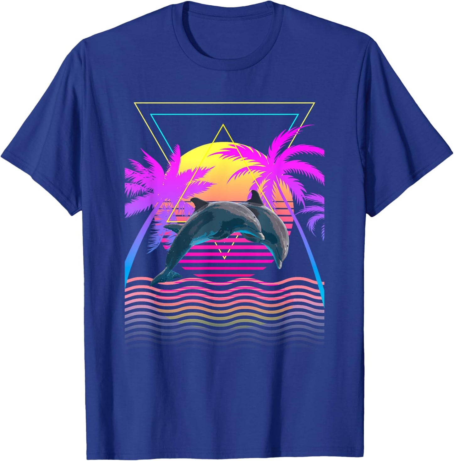 Retro 1980s 1990s Dolphins Palm Trees Sunset Beach Art T-Shirt - T-Shirt | Royal