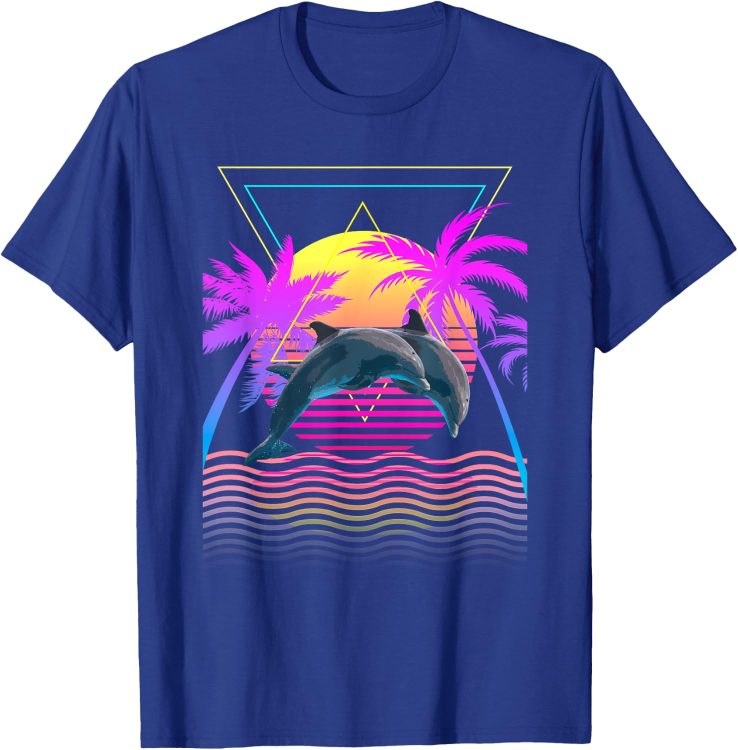 Retro 1980s 1990s Dolphins Palm Trees Sunset Beach Art T-Shirt - T-Shirt | Royal