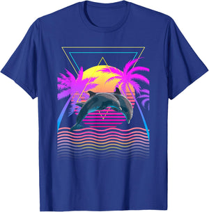 Retro 1980s 1990s Dolphins Palm Trees Sunset Beach Art T-Shirt - T-Shirt | Royal