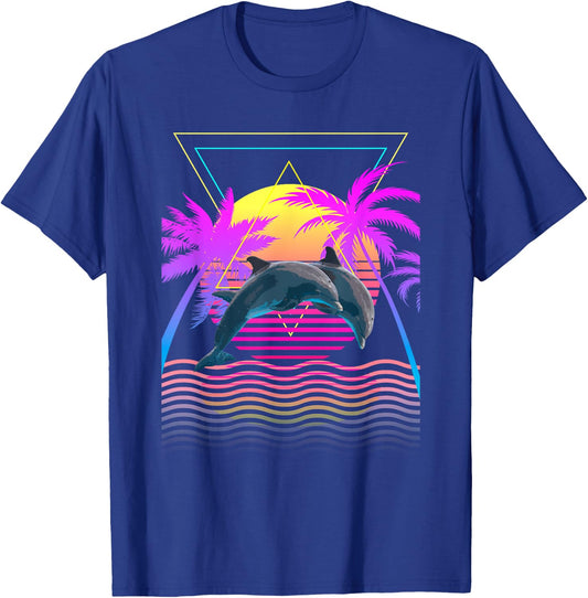 Retro 1980s 1990s Dolphins Palm Trees Sunset Beach Art T-Shirt - T-Shirt | Royal