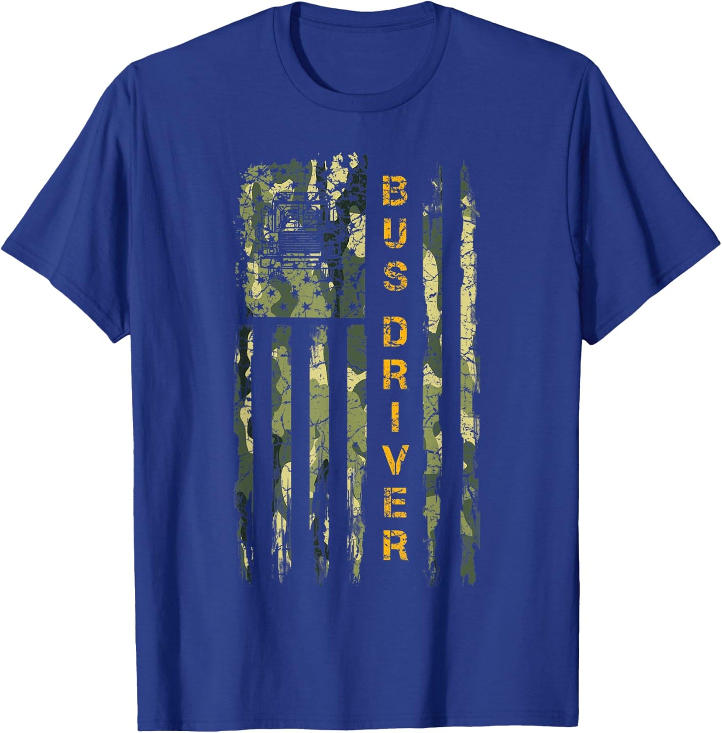 Vintage US Camo Flag School Bus Driver Silhouette Distressed T-Shirt - T-Shirt | Royal