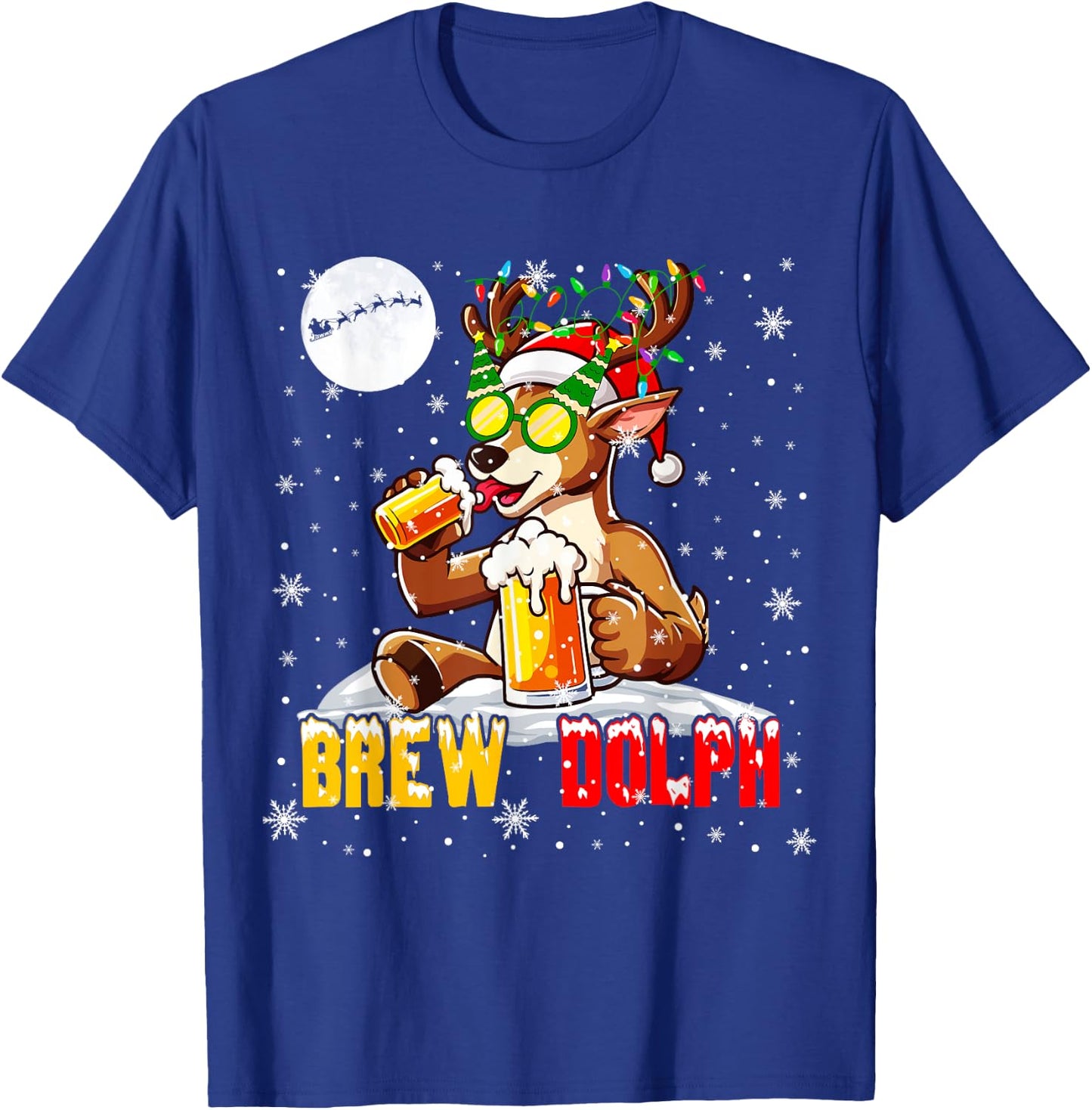 Brew Dolph Funny Reindeer Sunglasses Xmas Tree Drinking Beer T-Shirt - T-Shirt | Royal