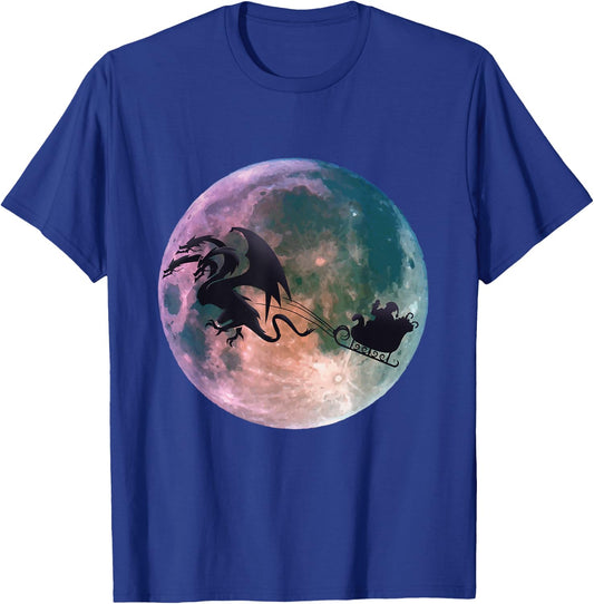 Christmas Santa Claus Flying Past the Moon With Dragon Gift T-Shirt - T-Shirt | Royal
