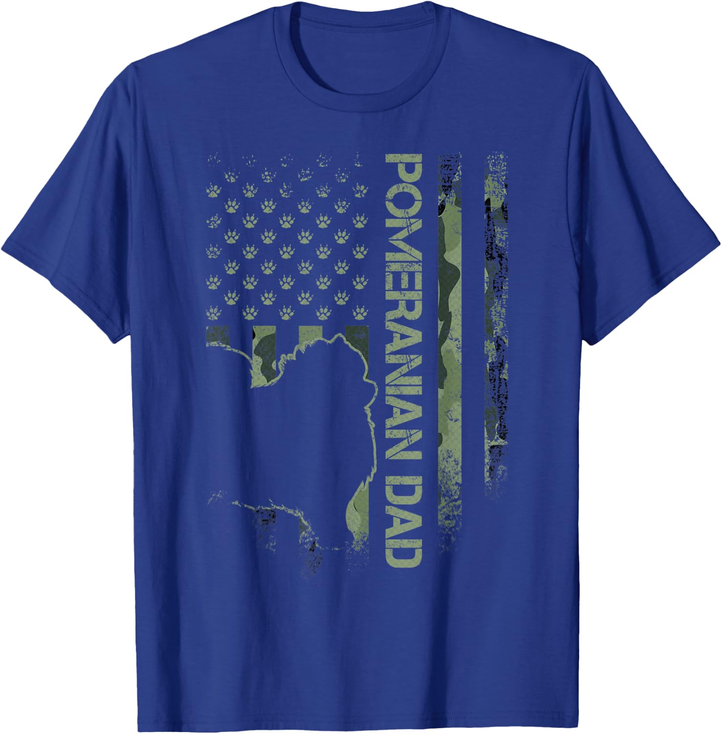 American Camo Flag Proud Pomeranian Dog Dad Pom Silhouette T-Shirt - T-Shirt | Royal