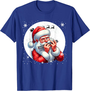 Santa Playing Harmonica Xmas Moon Costume Instrument Music T-Shirt - T-Shirt | Royal