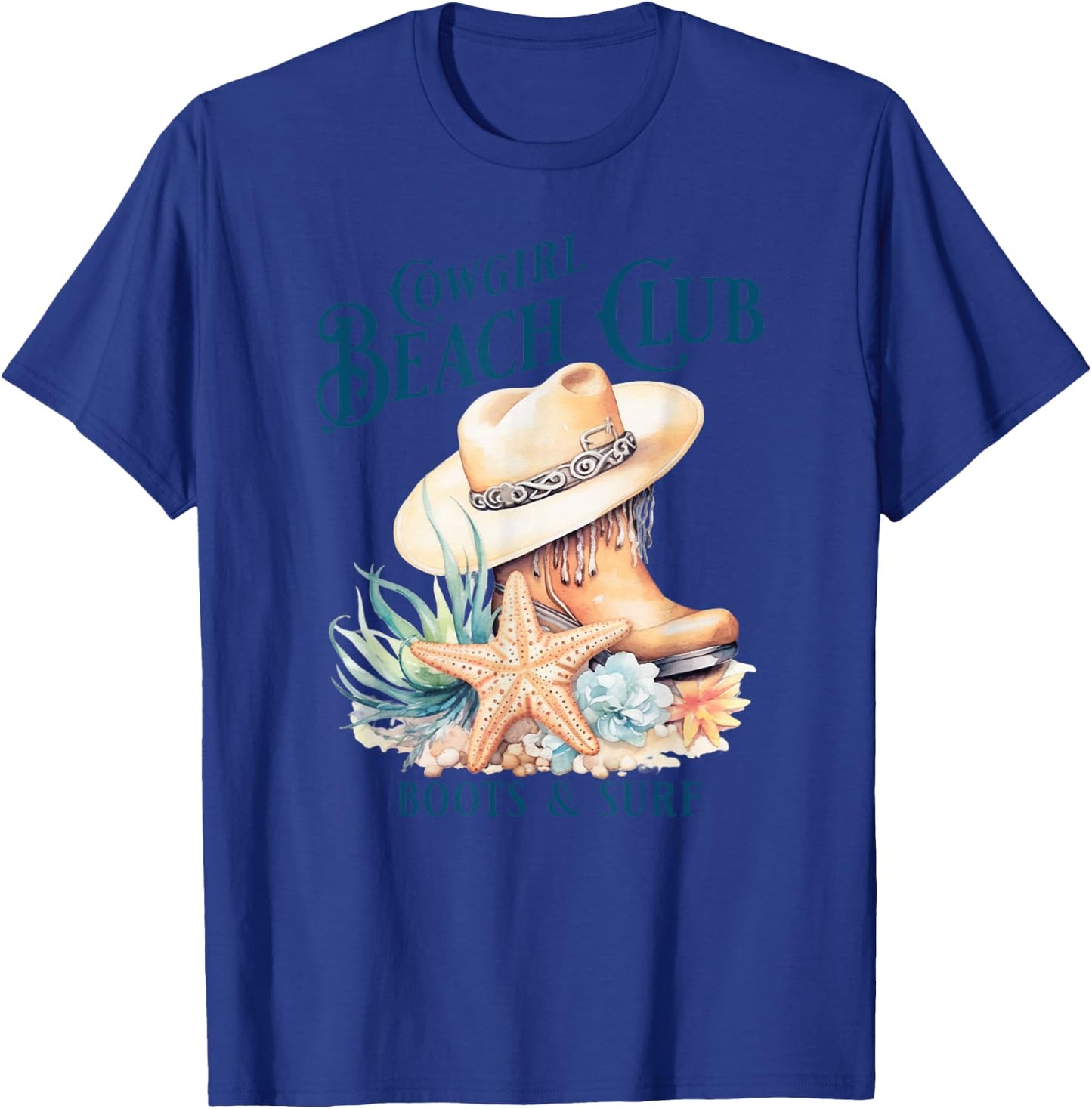Cowgirl Surf Club, Coastal Boots On The Beach, Beach Cowgirl T-Shirt - T-Shirt | Royal