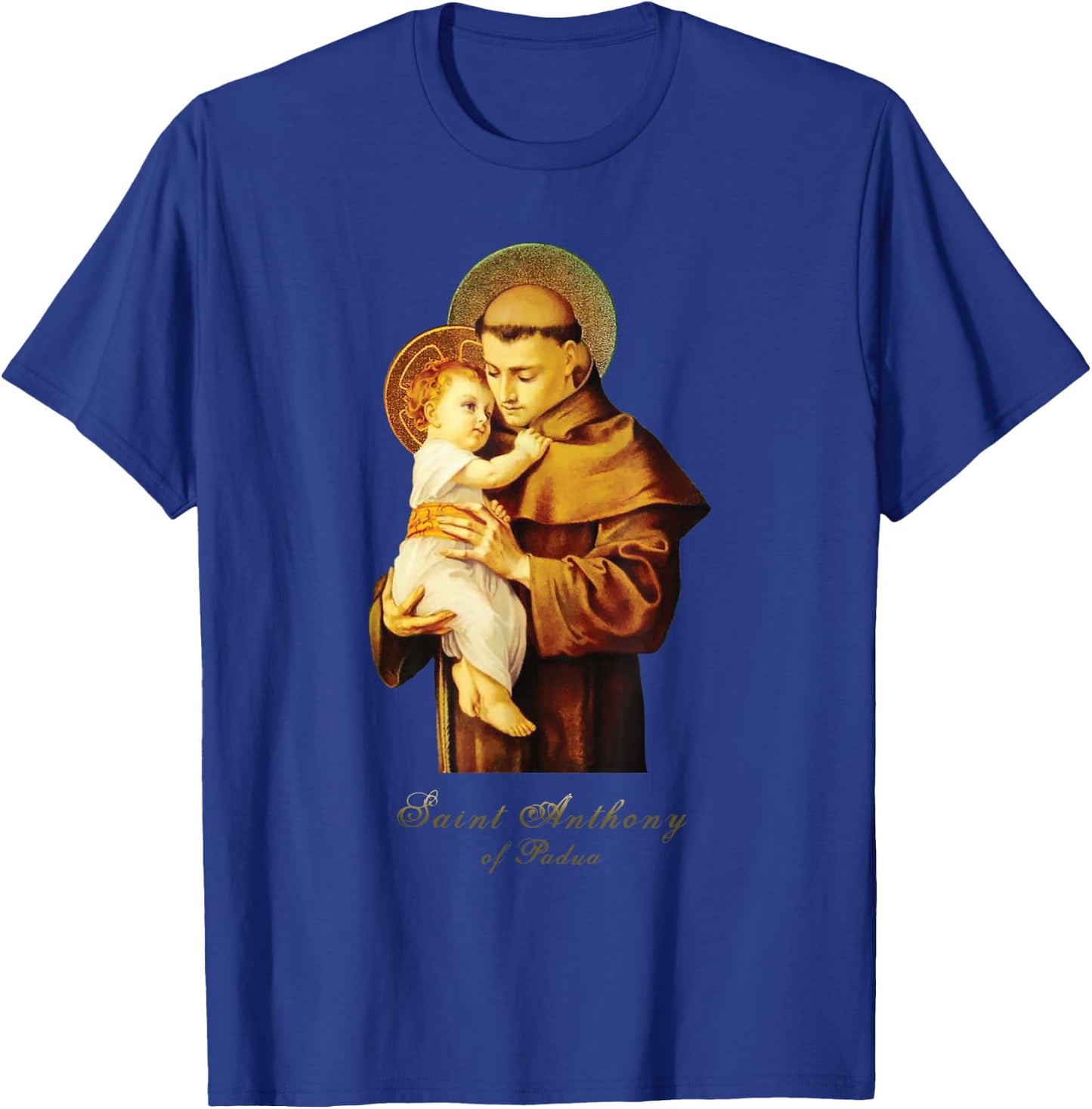 MJ Sacred Art St Anthony of Padua Catholic Saint - Women's Black Short Sleeve Classic Fit Letter Print T Back Collarless - Small T-Shirt - T-Shirt | Royal