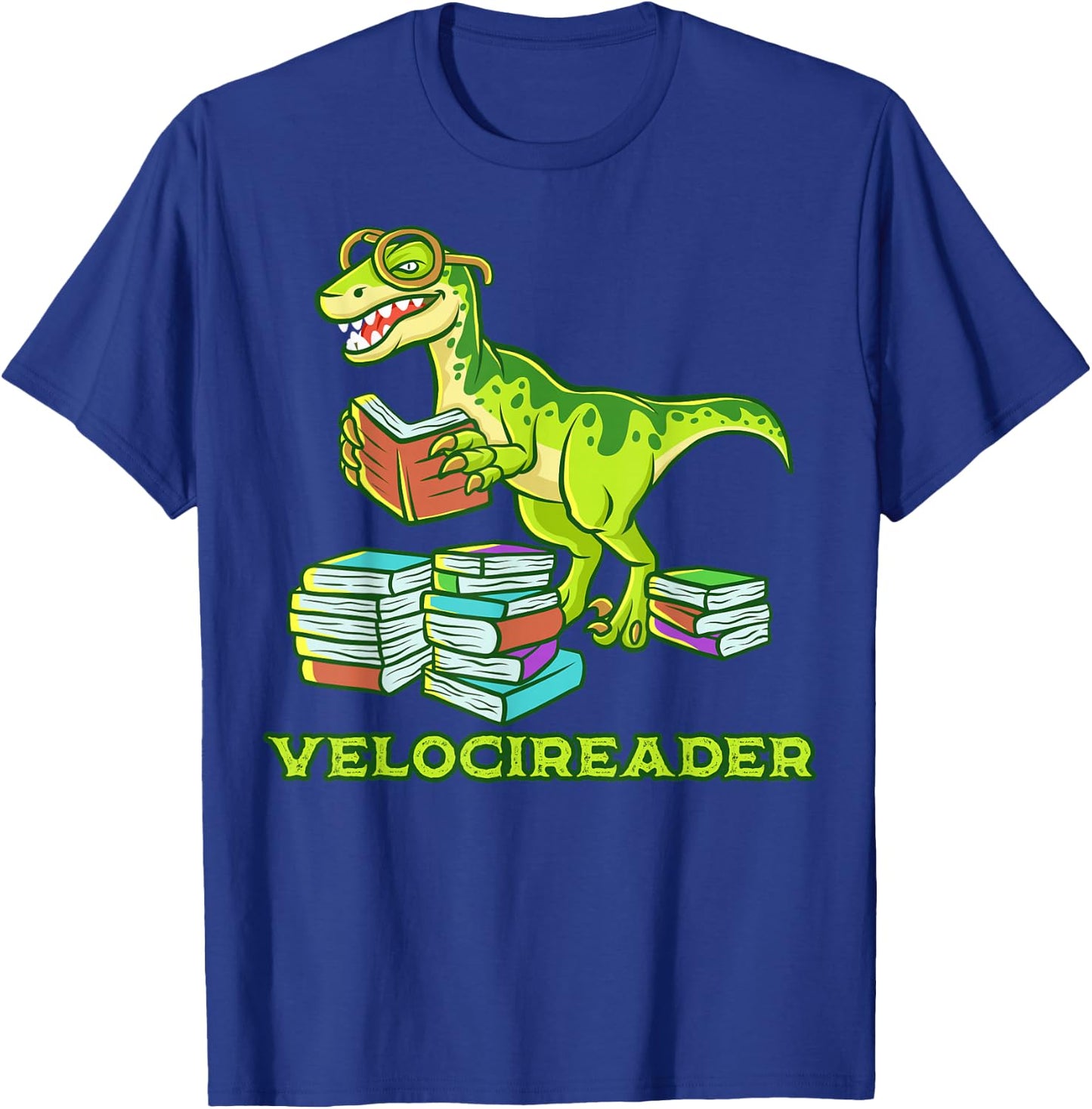 Velocireader Dinosaur Book Reading Velociraptor Dino T-Shirt - T-Shirt | Royal