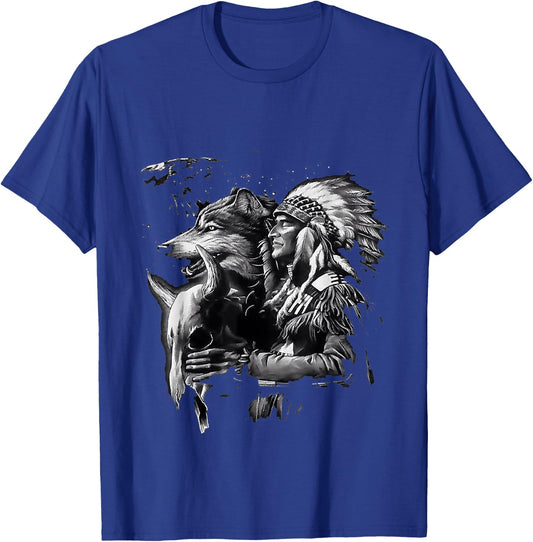 Wolf with native American Indians T-Shirt - T-Shirt | Royal