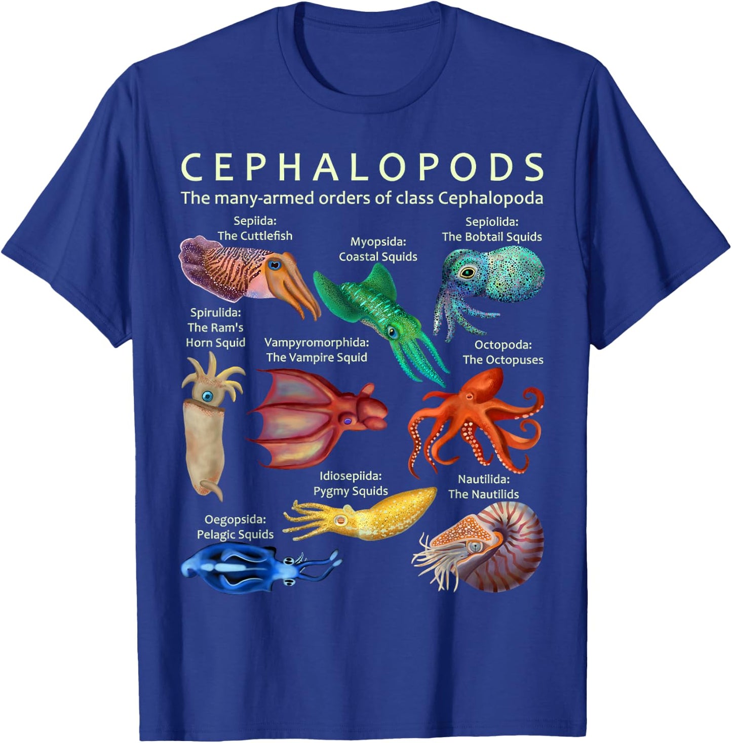 The Cephalopod Octopus Squid Cuttlefish and Nautilus T-Shirt - T-Shirt | Royal