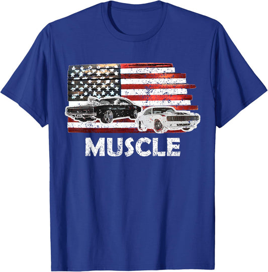 Muscle Car Lover American Flag 4th of July Independence T-Shirt - T-Shirt | Royal