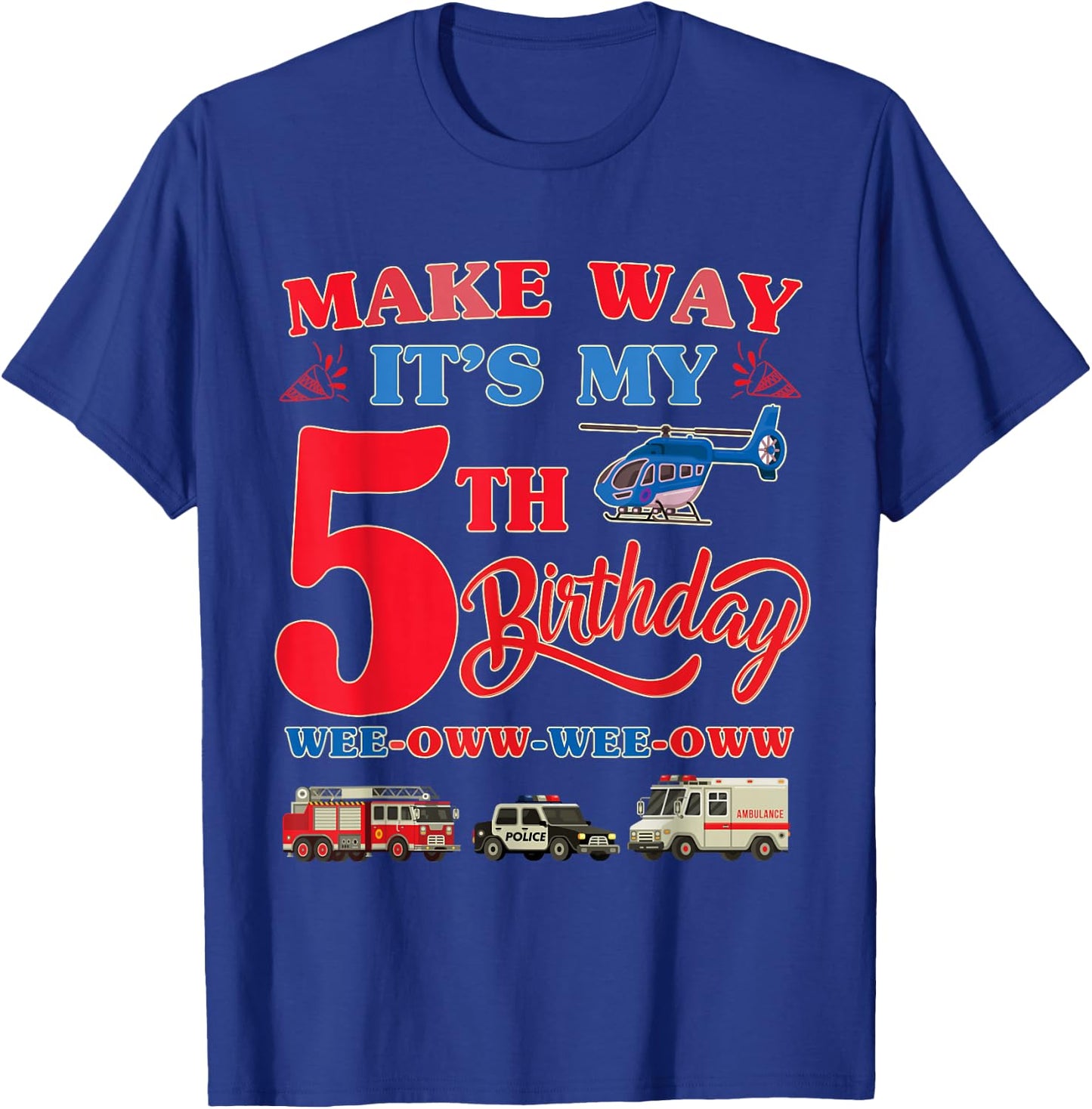 5th birthday Rescue Vehicles Birthday theme 5 year old kids T-Shirt - T-Shirt | Royal