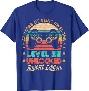 25th Birthday Level 25 Unlocked Limited Edition Gamer Gift T-Shirt - T-Shirt | Royal