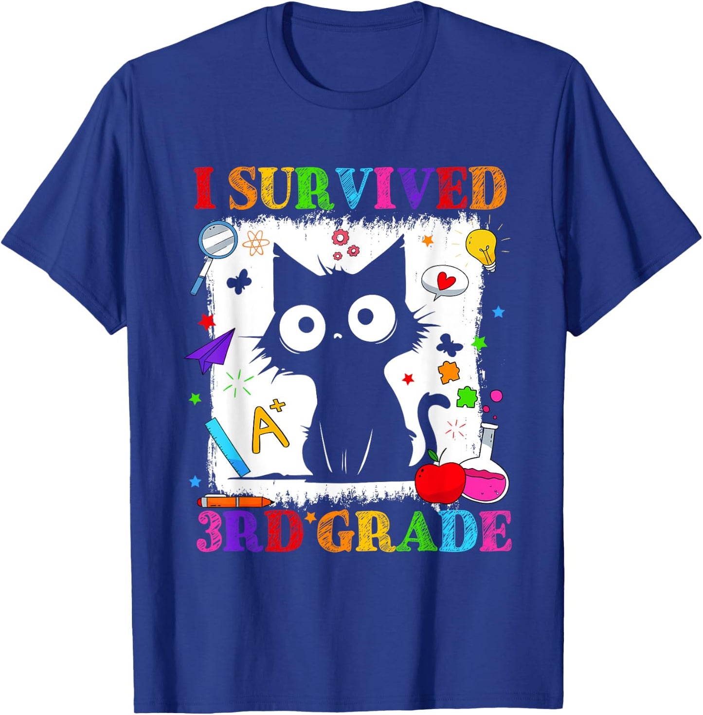 I Survived Third 3rd Grade Funny Graduation Cat Kids T-Shirt - T-Shirt | Royal