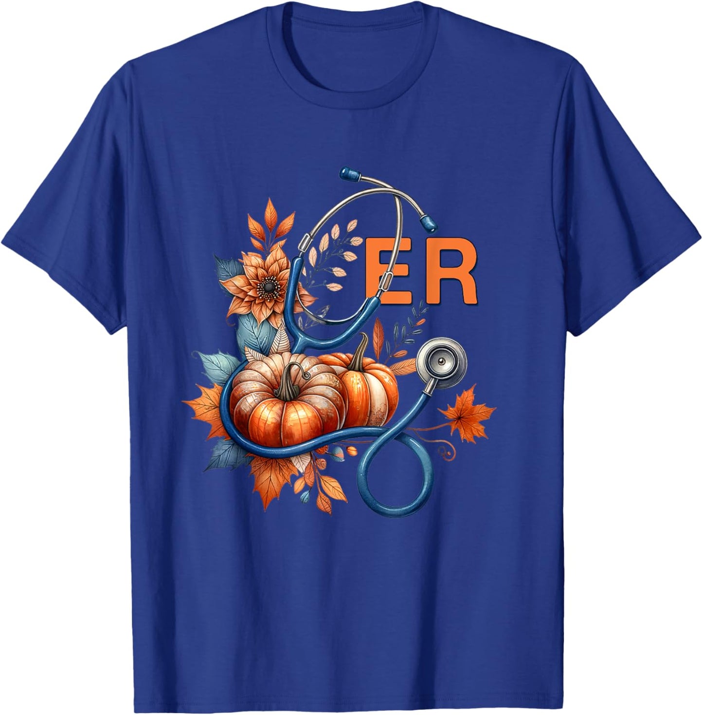 Fall Floral Stethoscope ER Emergency Room Nurse Appreciation T-Shirt - T-Shirt | Royal