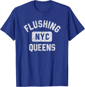 Flushing Queens NYC Gym Style Distressed White Print T-Shirt - T-Shirt | Royal