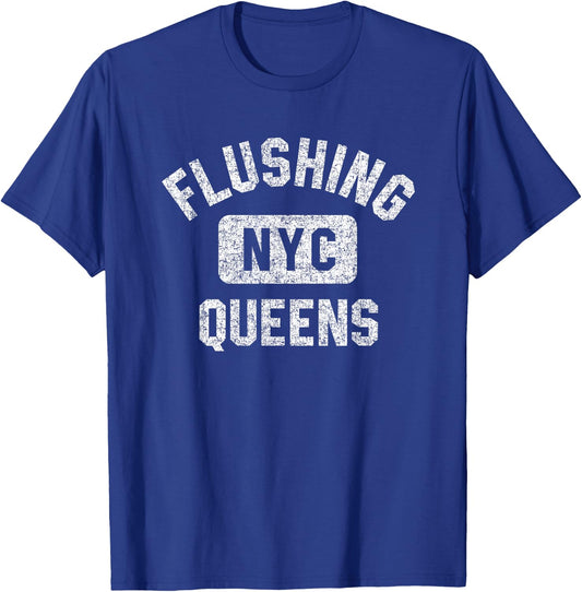 Flushing Queens NYC Gym Style Distressed White Print T-Shirt - T-Shirt | Royal