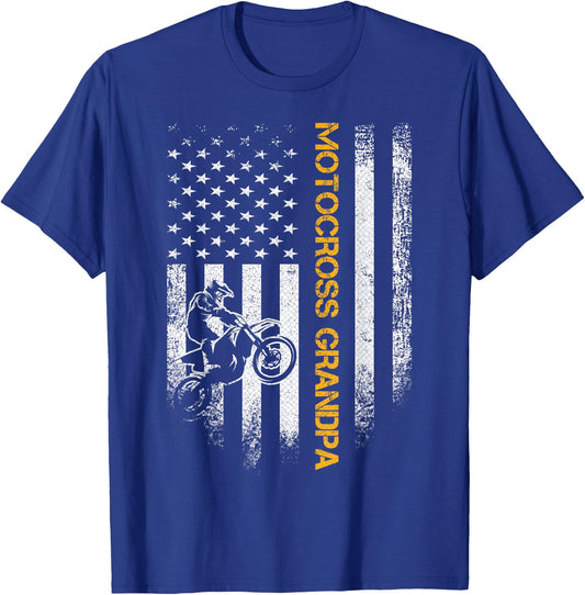 American Flag Proud Motocross Dirt Bike Grandpa Silhouette Women Men T-Shirt - T-Shirt | Royal