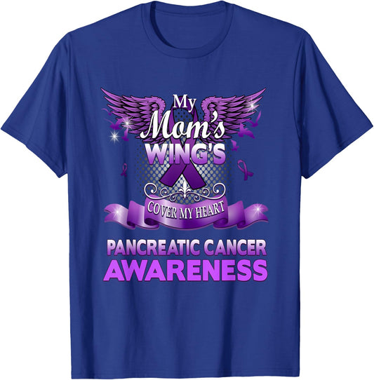 My Mom's Wings Cover My Heart Pancreatic Cancer Awareness T-Shirt - T-Shirt | Royal