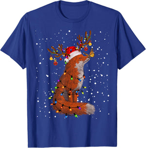 Santa Fox Tangled Up In Christmas Tree Lights Foxes Lover PJ T-Shirt - T-Shirt | Royal