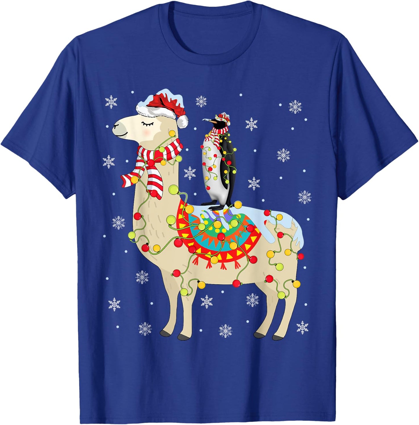 Xmas Lighting Santa Llama Riding Penguin Christmas T-Shirt - T-Shirt | Royal