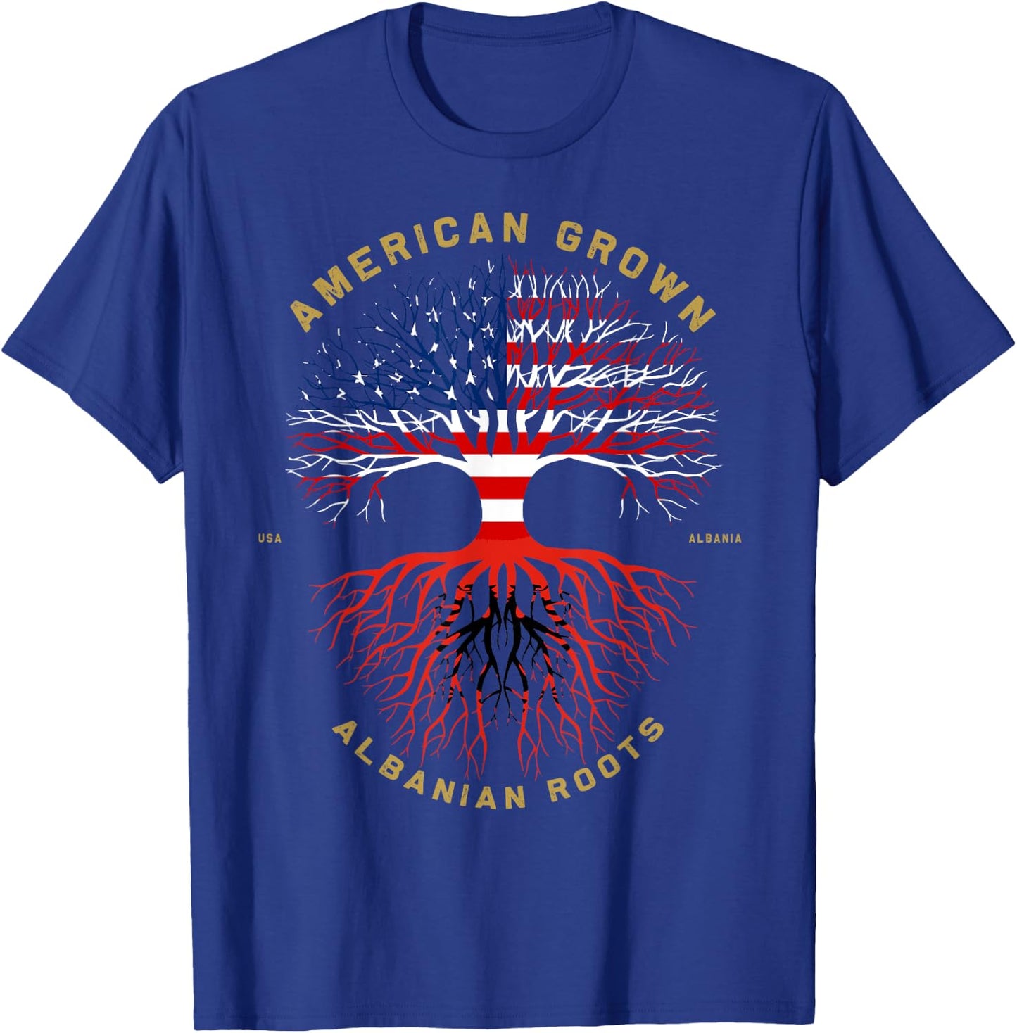 American Grown With Albanian Roots Tree USA Flag Gift T-Shirt - T-Shirt | Royal