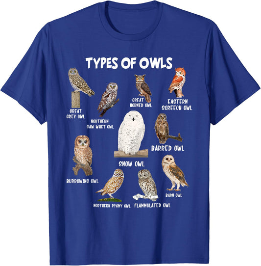 Types of Owls Educational Gift Cute Owl Lovers Funny - Black, -Adult, Short Sleeve, Classic Fit, , , Size: Small T-Shirt - T-Shirt | Royal