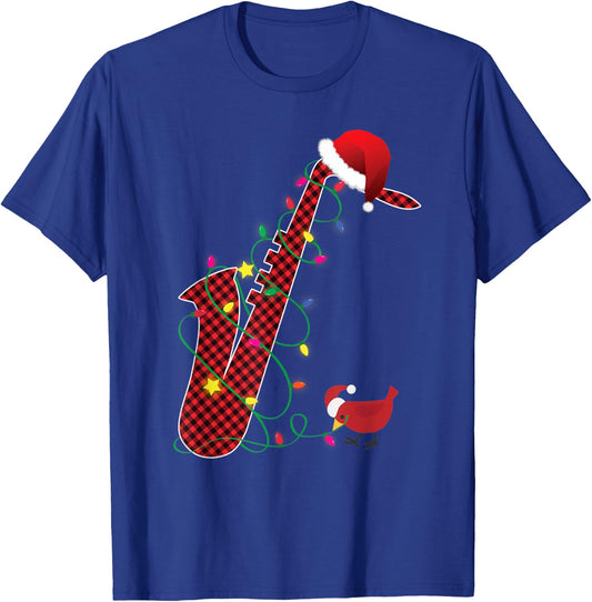 Red Buffalo Plaid Pajama Saxophone Lovers Christmas Lights T-Shirt - T-Shirt | Royal
