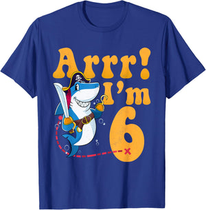Kids 6th Shark Pirate Birthday Party 6 Six Years Old Boys T-Shirt - T-Shirt | Royal