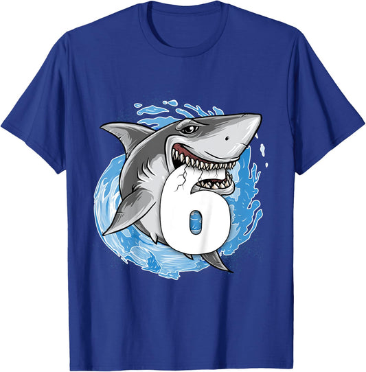 6th Birthday Boy Shark Kids 6 Year Old Shark Theme Party T-Shirt - T-Shirt | Royal