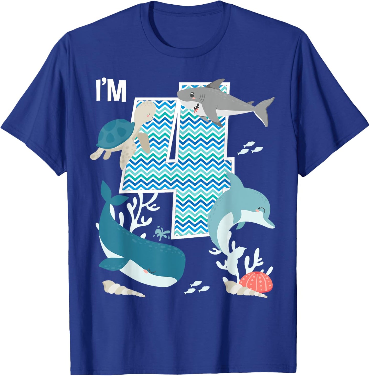 Kids 4 Year Old Ocean Life Whale Dolphin Shark 4th Birthday T-Shirt - T-Shirt | Royal