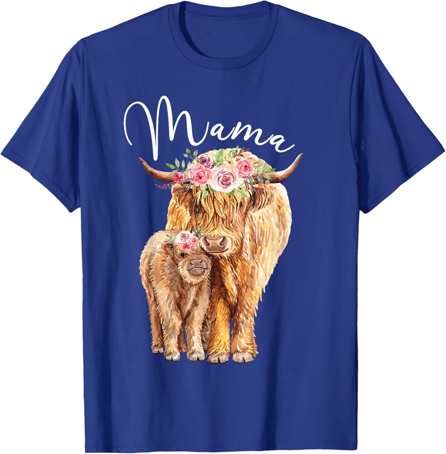 Mama Highland Cow With Baby Calf Floral Mothers Day Mom Gift T-Shirt - T-Shirt | Royal