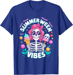 Summerween Vibes Skeleton Spooky Vacation Halloween Summer T-Shirt - T-Shirt | Royal