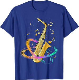 Saxophone Player Musical Notes Jazz Musician Saxophonist Sax T-Shirt - T-Shirt | Royal