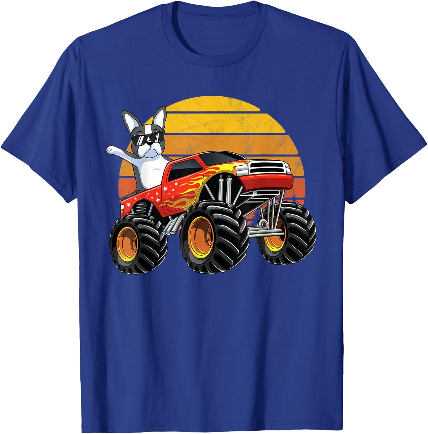 Monster Truck Boston Terrier Dog Retro Sunset Boys Kids Gift T-Shirt - T-Shirt | Royal