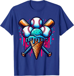 Baseball Ice Cream Watercolor Sports Lover Ice Cream Cone T-Shirt - T-Shirt | Royal