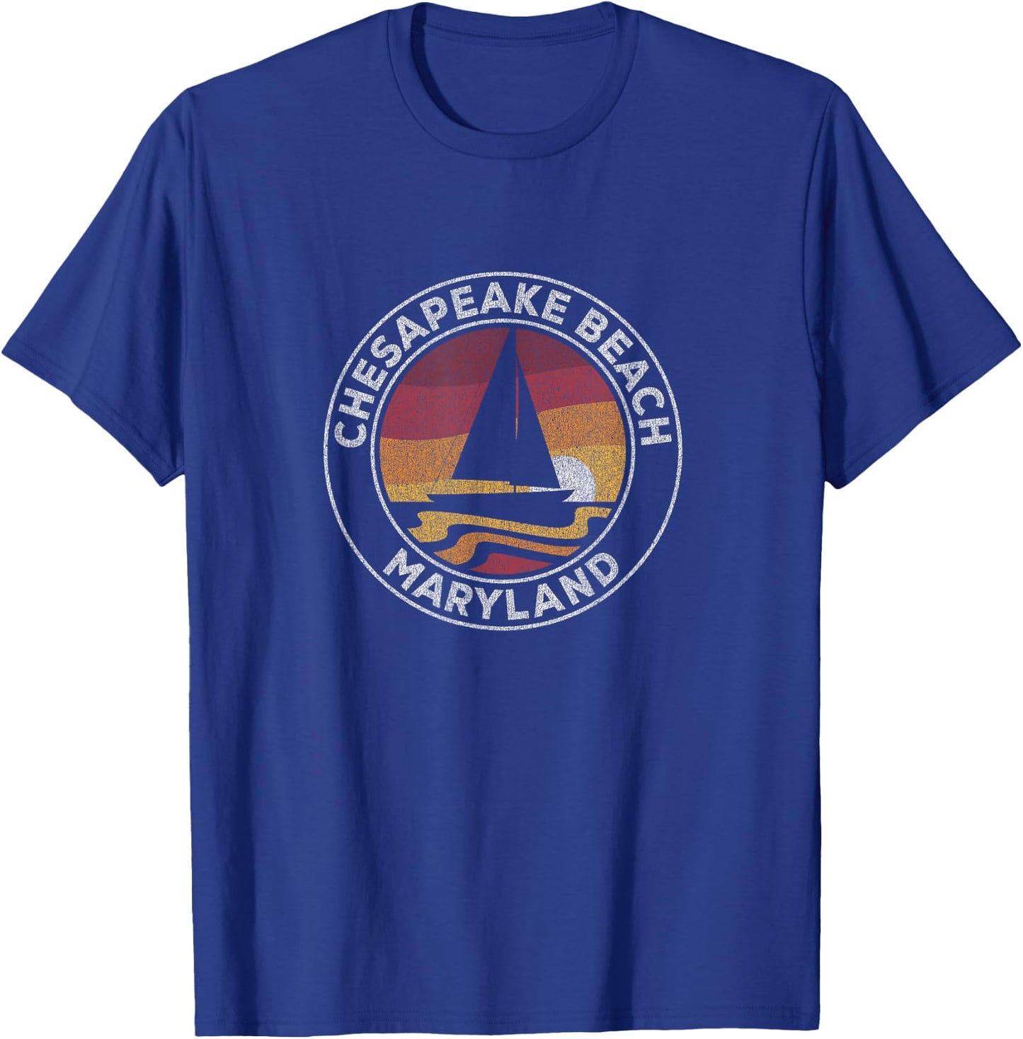 Chesapeake Beach Maryland Vintage Sailboat 70s Retro Sunset T-Shirt - T-Shirt | Royal