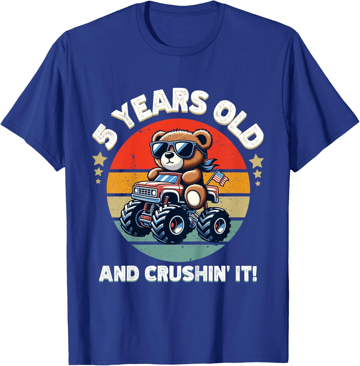 Kids Retro 5th Birthday Monster Truck Teddy Bear Crushin' It Boys T-Shirt - T-Shirt | Royal