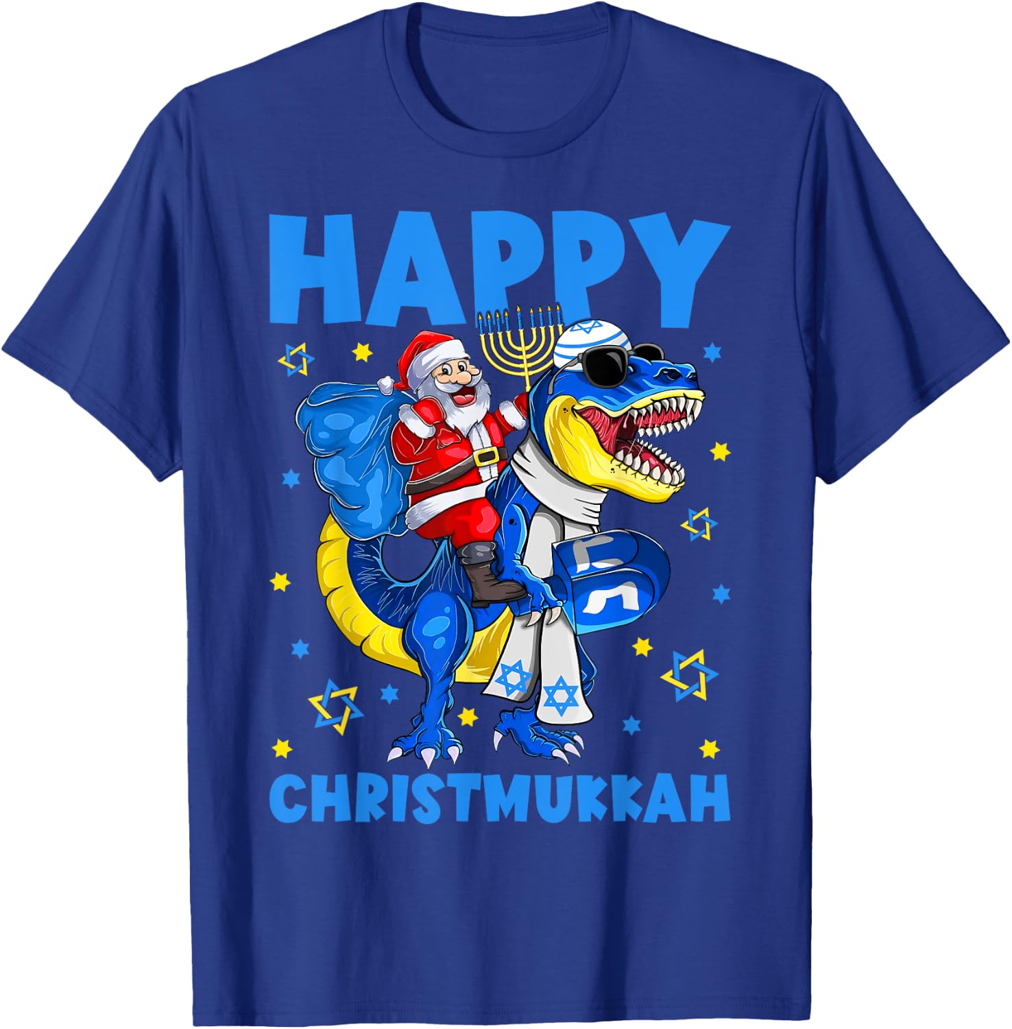 Happy Christmukkah Santa Rides Jewish T Rex Menorah Chanukah T-Shirt - T-Shirt | Royal
