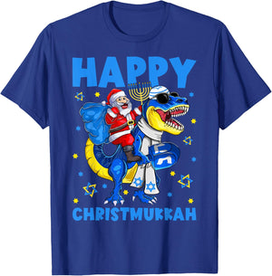 Happy Christmukkah Santa Rides Jewish T Rex Menorah Chanukah T-Shirt - T-Shirt | Royal