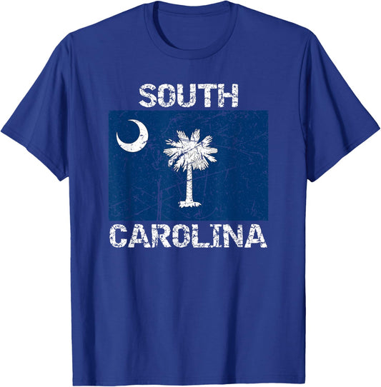 South Carolina Flag Distressed Palmetto Tree Crescent Moon T-Shirt - T-Shirt | Royal